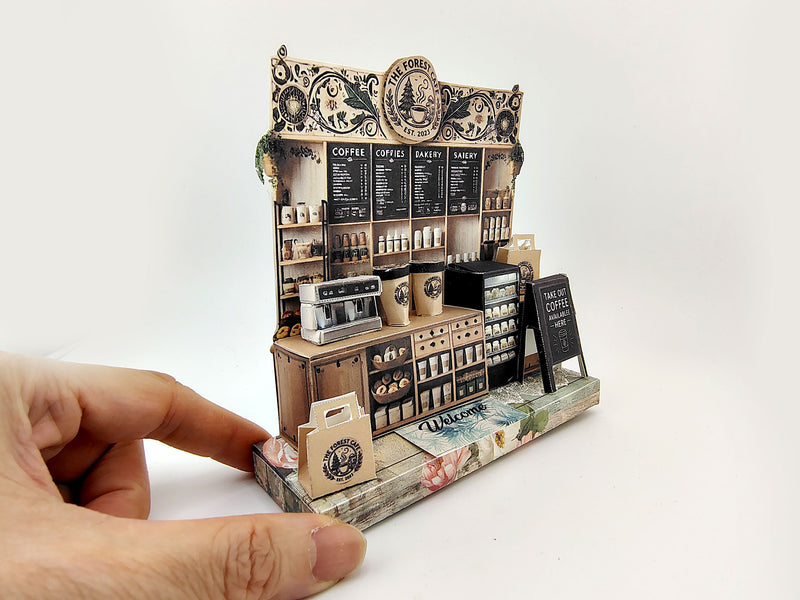 Forest Cafe-  DIY miniature stand craft kit, coffee cup, coffee machine, paper bags, 3 inches doll scenery