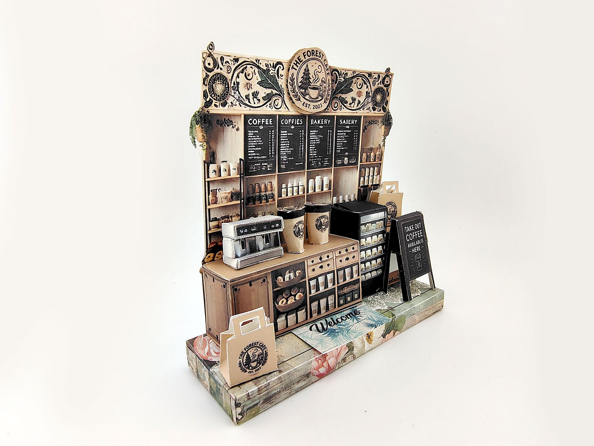 Forest Cafe-  DIY miniature stand craft kit, coffee cup, coffee machine, paper bags, 3 inches doll scenery