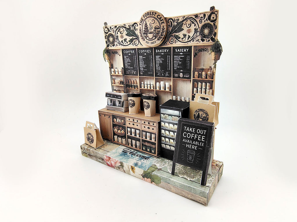 Forest Cafe-  DIY miniature stand craft kit, coffee cup, coffee machine, paper bags, 3 inches doll scenery