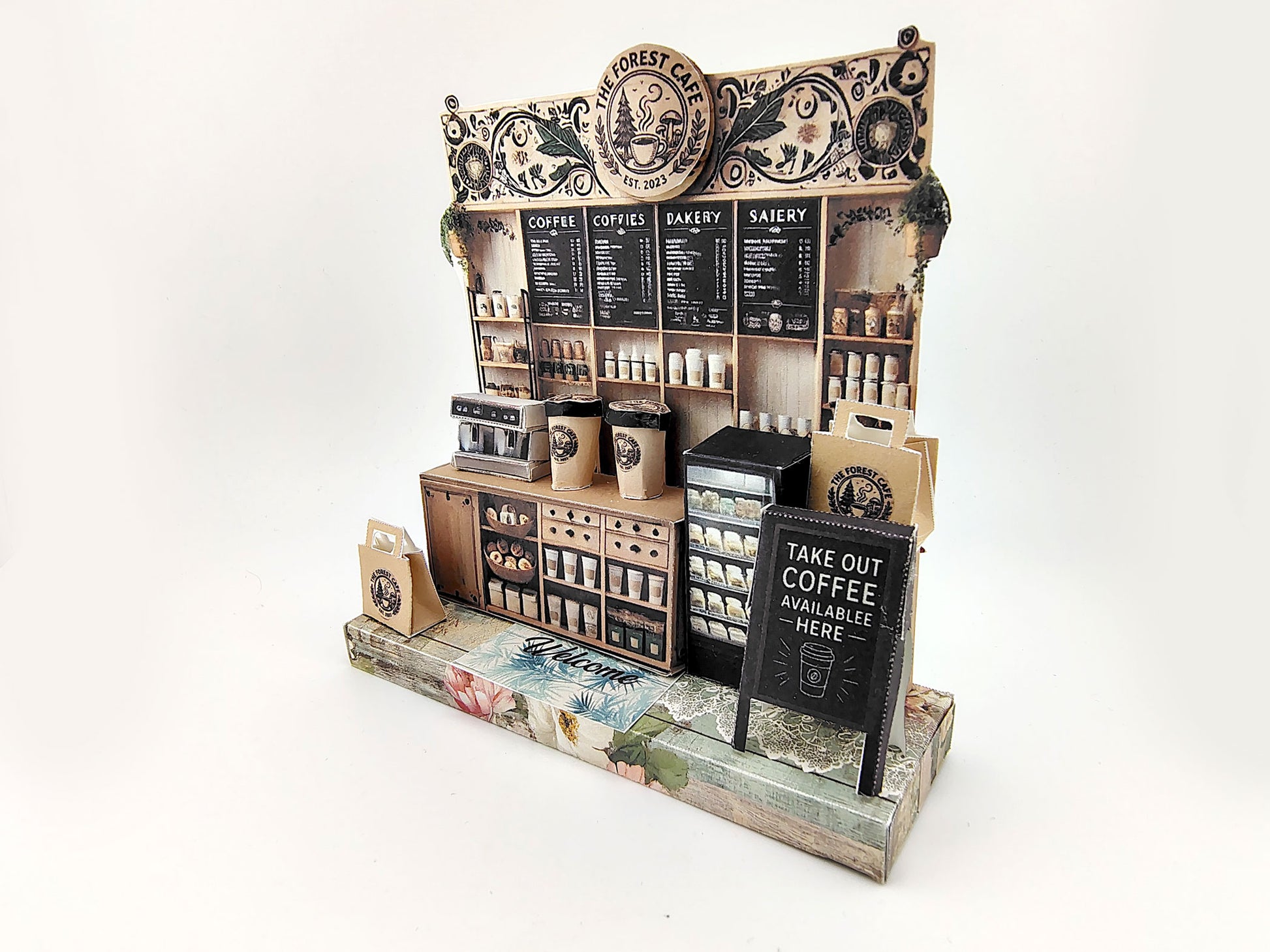 Forest Cafe-  DIY miniature stand craft kit, coffee cup, coffee machine, paper bags, 3 inches doll scenery