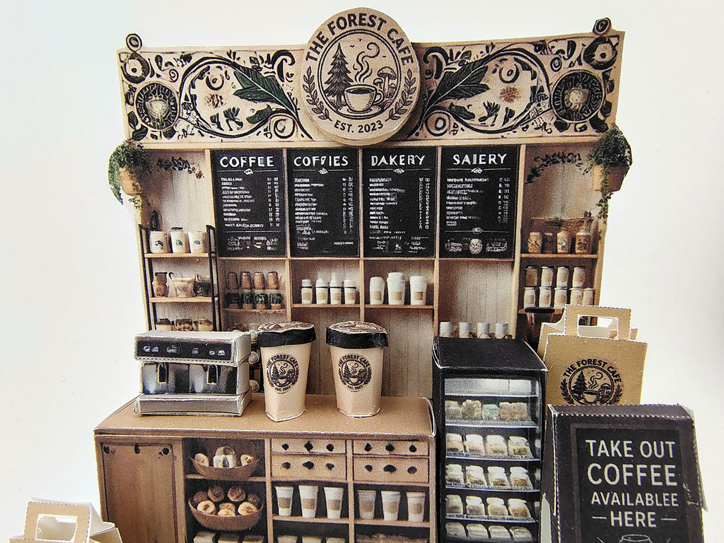 Forest Cafe-  DIY miniature stand craft kit, coffee cup, coffee machine, paper bags, 3 inches doll scenery