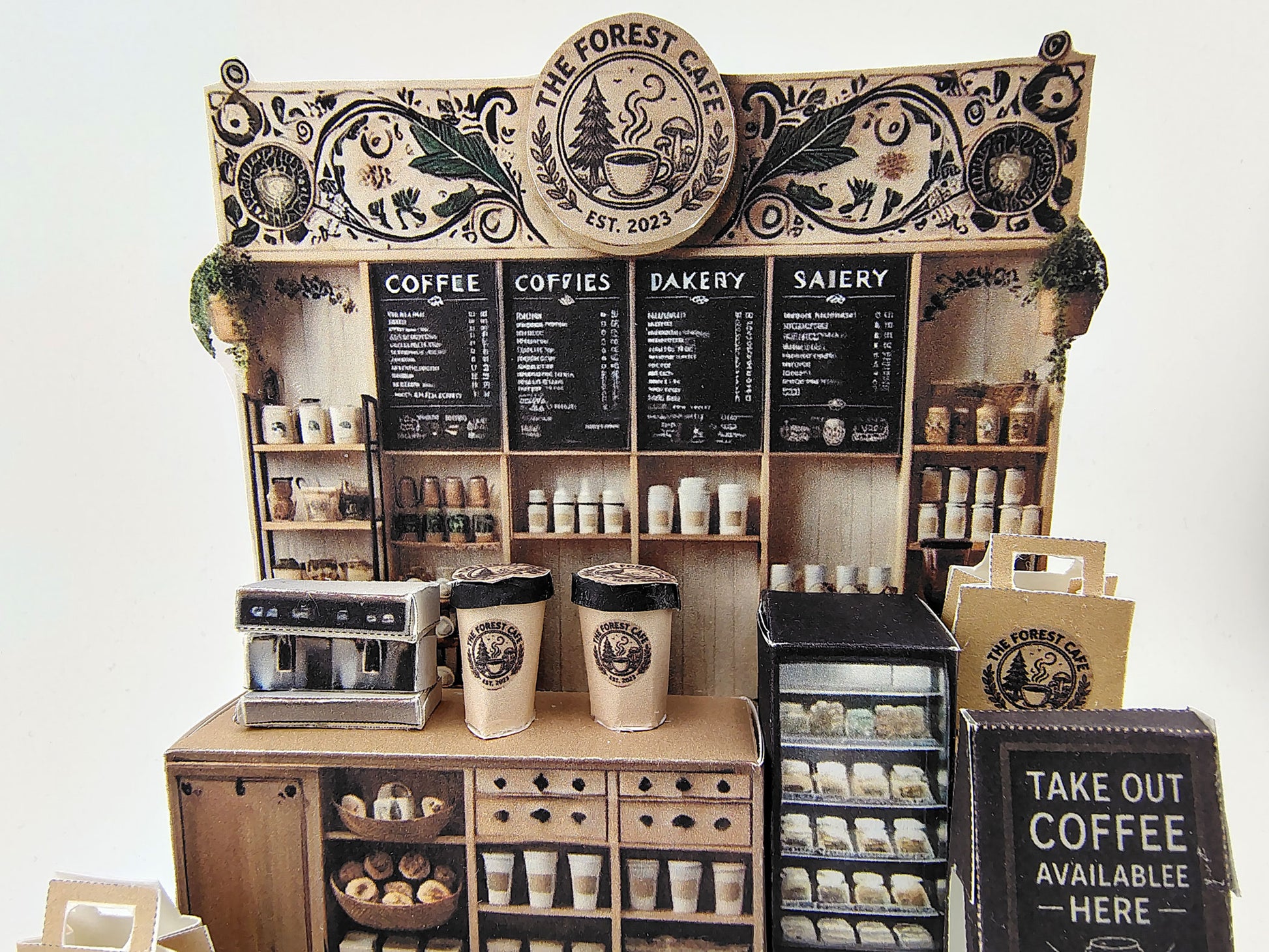 Forest Cafe-  DIY miniature stand craft kit, coffee cup, coffee machine, paper bags, 3 inches doll scenery