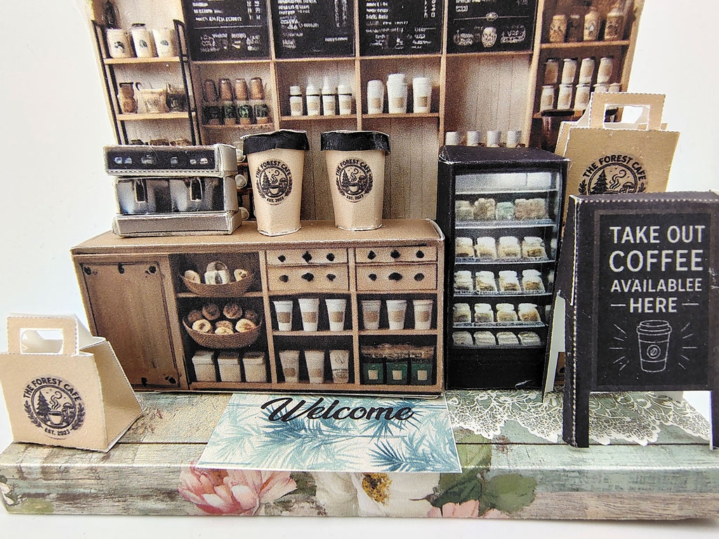 Forest Cafe-  DIY miniature stand craft kit, coffee cup, coffee machine, paper bags, 3 inches doll scenery