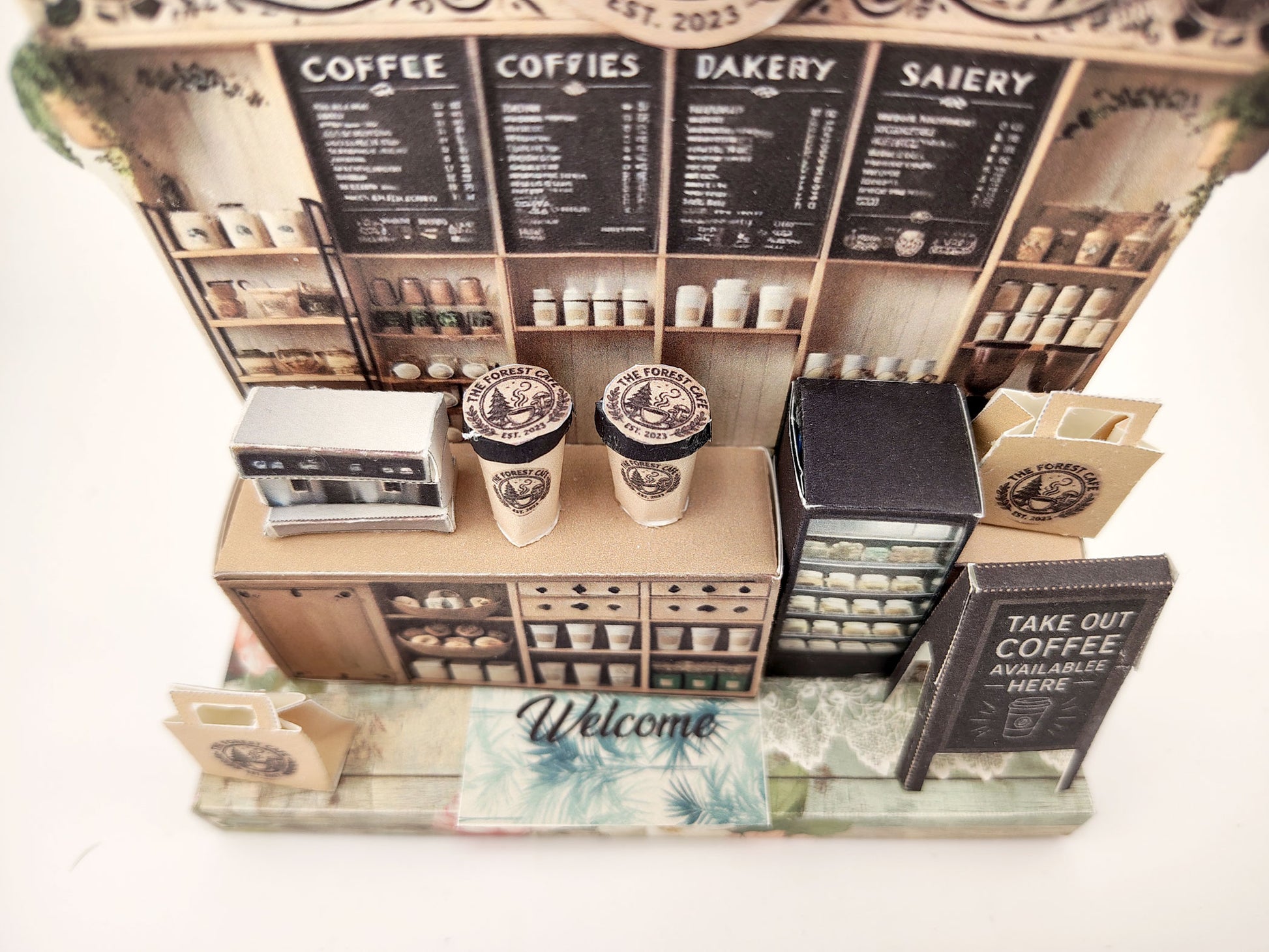 Forest Cafe-  DIY miniature stand craft kit, coffee cup, coffee machine, paper bags, 3 inches doll scenery