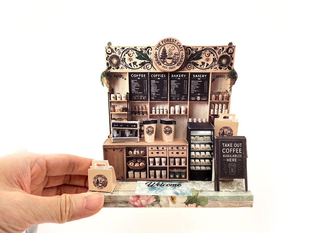 Forest Cafe-  DIY miniature stand craft kit, coffee cup, coffee machine, paper bags, 3 inches doll scenery