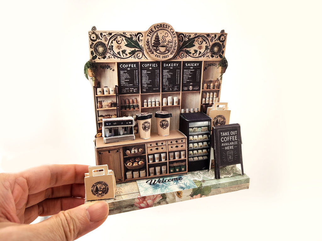 Forest Cafe-  DIY miniature stand craft kit, coffee cup, coffee machine, paper bags, 3 inches doll scenery