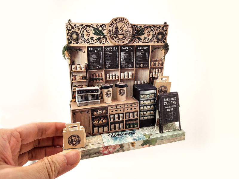 Forest Cafe-  DIY miniature stand craft kit, coffee cup, coffee machine, paper bags, 3 inches doll scenery