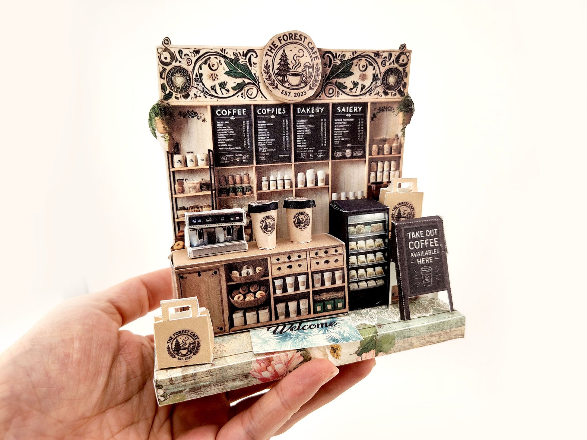 Forest Cafe-  DIY miniature stand craft kit, coffee cup, coffee machine, paper bags, 3 inches doll scenery