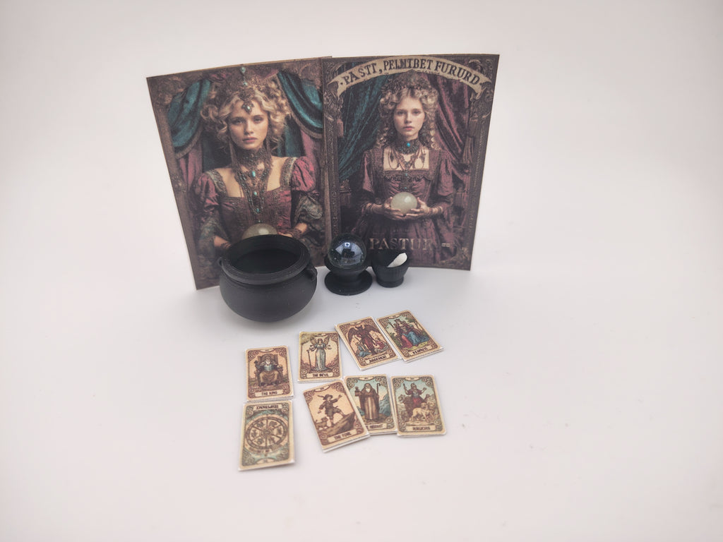 1:12 fortune teller and potion set STL — miniature wizard accessories for dollhouse fantasy scenes. Instant 3D print download