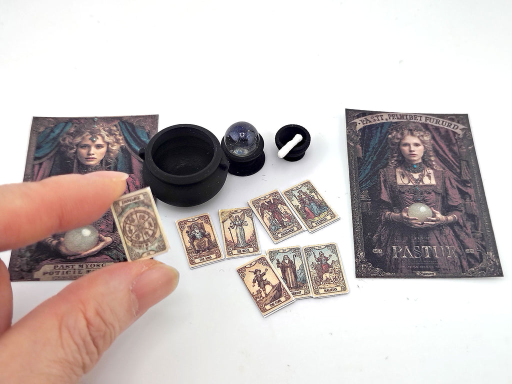 1:12 fortune teller and potion set STL — miniature wizard accessories for dollhouse fantasy scenes. Instant 3D print download