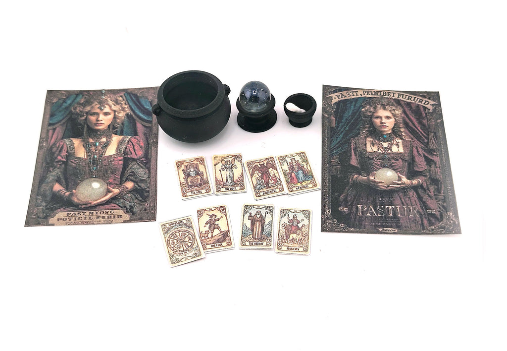 1:12 fortune teller and potion set STL — miniature wizard accessories for dollhouse fantasy scenes. Instant 3D print download