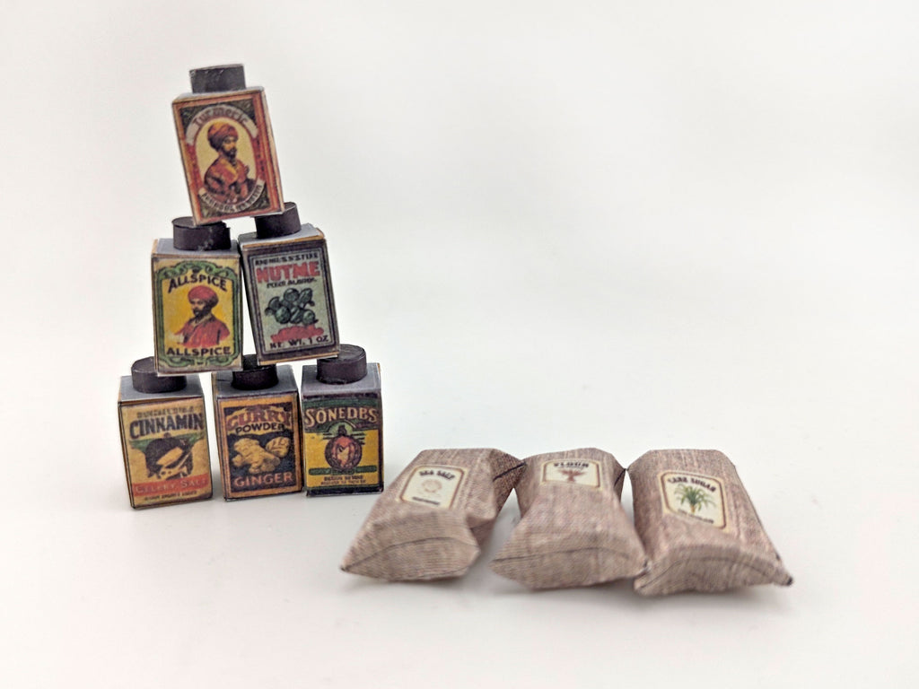 1:12 Vintage Spice Set — 6 Mini Spice Containers with Salt & Flour Bags for Dollhouse Kitchens (Printable Miniatures)