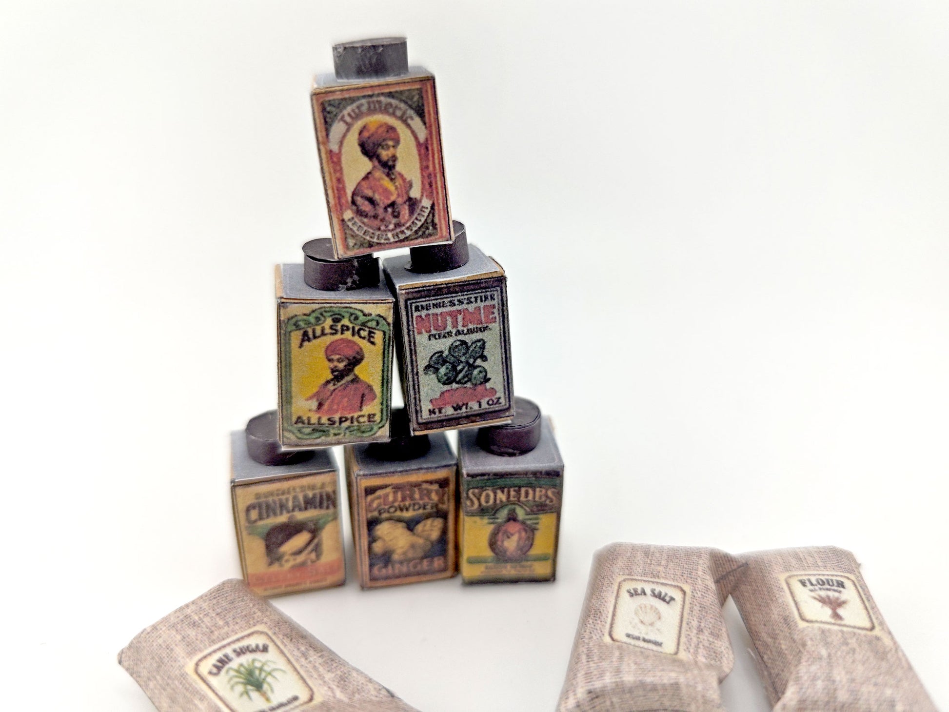 1:12 Vintage Spice Set — 6 Mini Spice Containers with Salt & Flour Bags for Dollhouse Kitchens (Printable Miniatures)