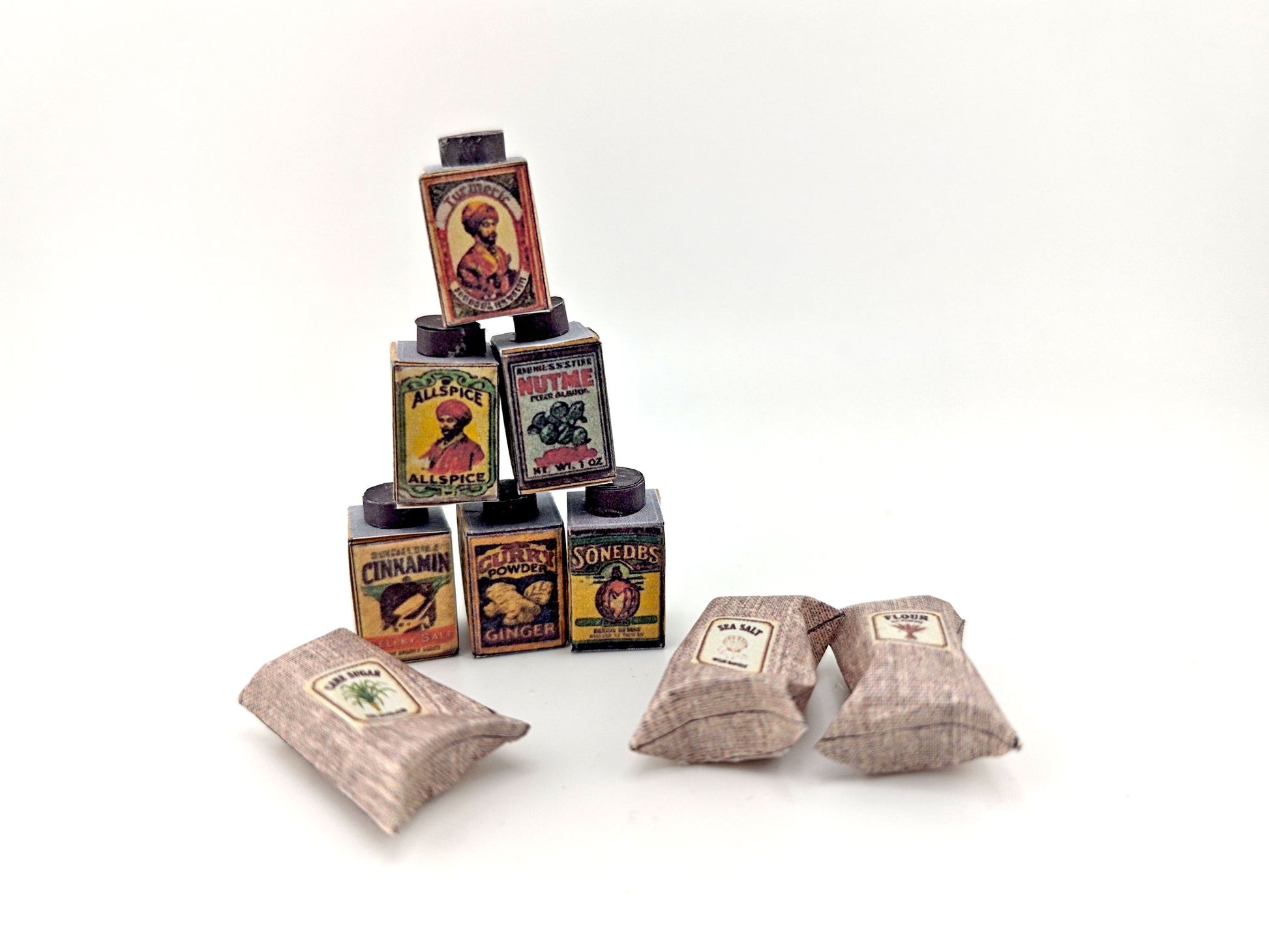 1:12 Vintage Spice Set — 6 Mini Spice Containers with Salt & Flour Bags for Dollhouse Kitchens (Printable Miniatures)