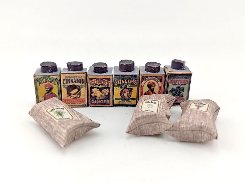 1:12 Vintage Spice Set — 6 Mini Spice Containers with Salt & Flour Bags for Dollhouse Kitchens (Printable Miniatures)