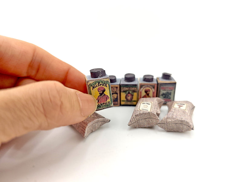 1:12 Vintage Spice Set — 6 Mini Spice Containers with Salt & Flour Bags for Dollhouse Kitchens (Printable Miniatures)