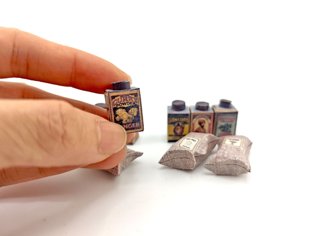 1:12 Vintage Spice Set — 6 Mini Spice Containers with Salt & Flour Bags for Dollhouse Kitchens (Printable Miniatures)
