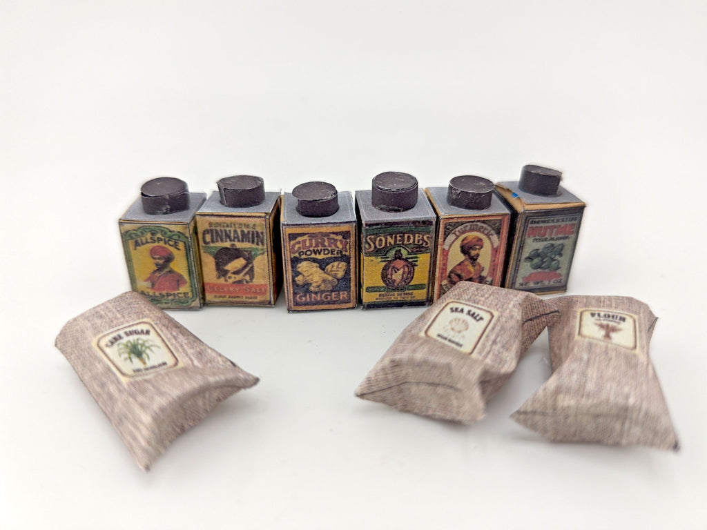 1:12 Vintage Spice Set — 6 Mini Spice Containers with Salt & Flour Bags for Dollhouse Kitchens (Printable Miniatures)
