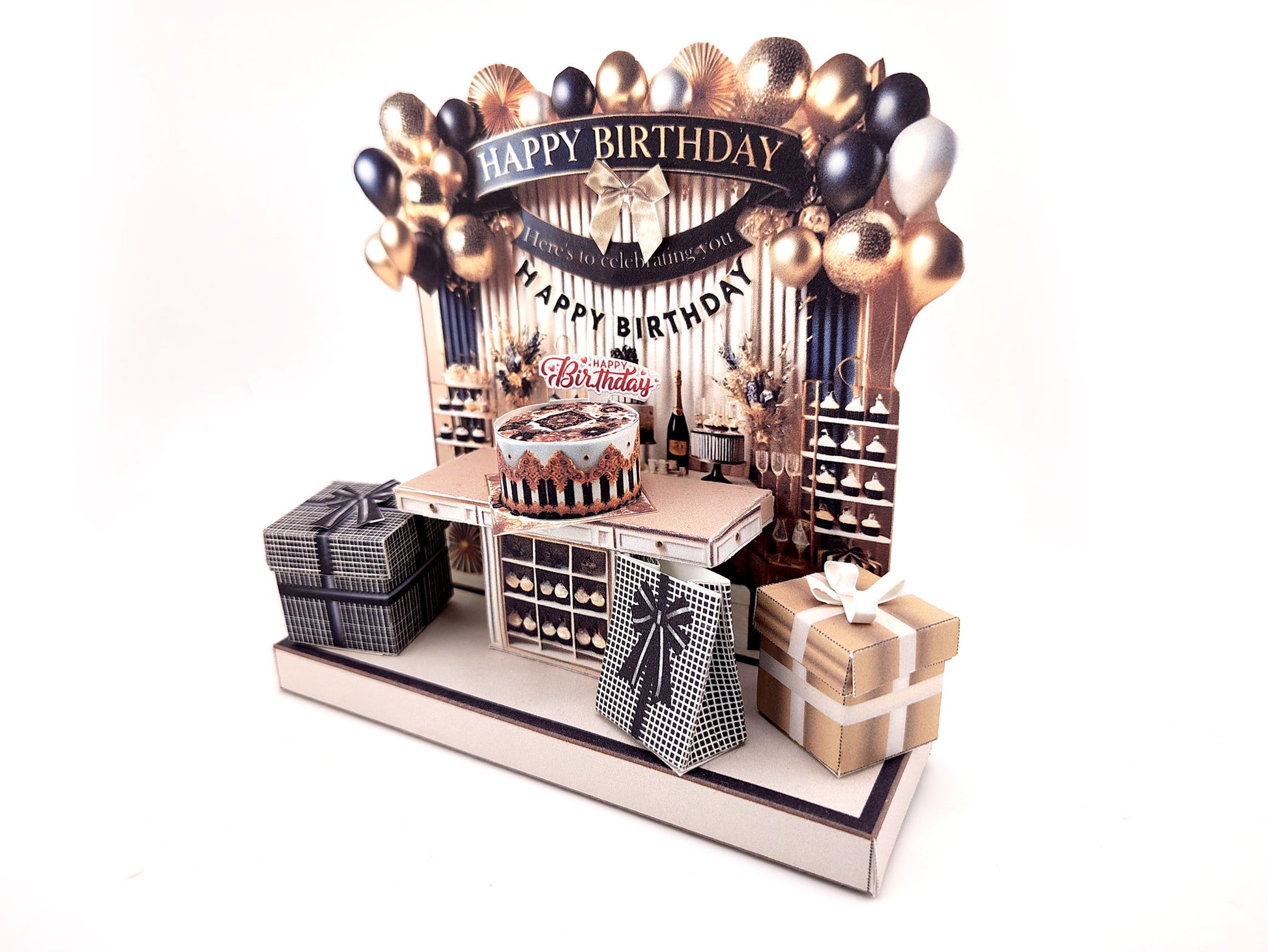 Black and Gold Happy Birthday Stand — Elegant Stand-Up Birthday Decoration & Gift for Everyone