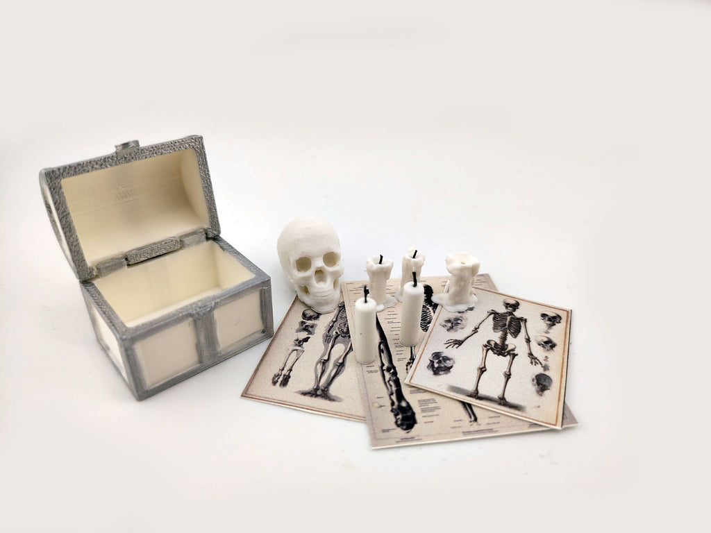 1:12 skeleton, treasure box and candle set STL — miniature wizard accessories for dollhouse fantasy scenes. Instant 3D print download