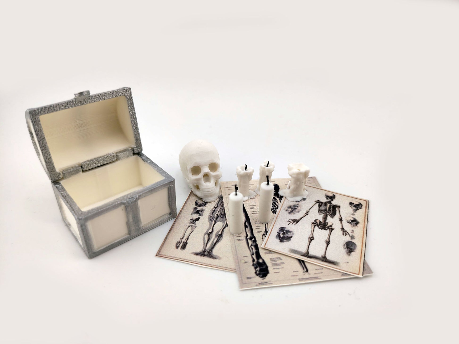 1:12 skeleton, treasure box and candle set STL — miniature wizard accessories for dollhouse fantasy scenes. Instant 3D print download