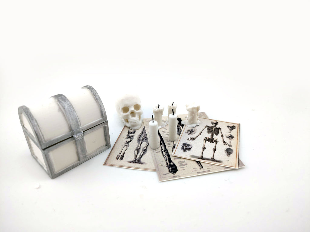 1:12 skeleton, treasure box and candle set STL — miniature wizard accessories for dollhouse fantasy scenes. Instant 3D print download