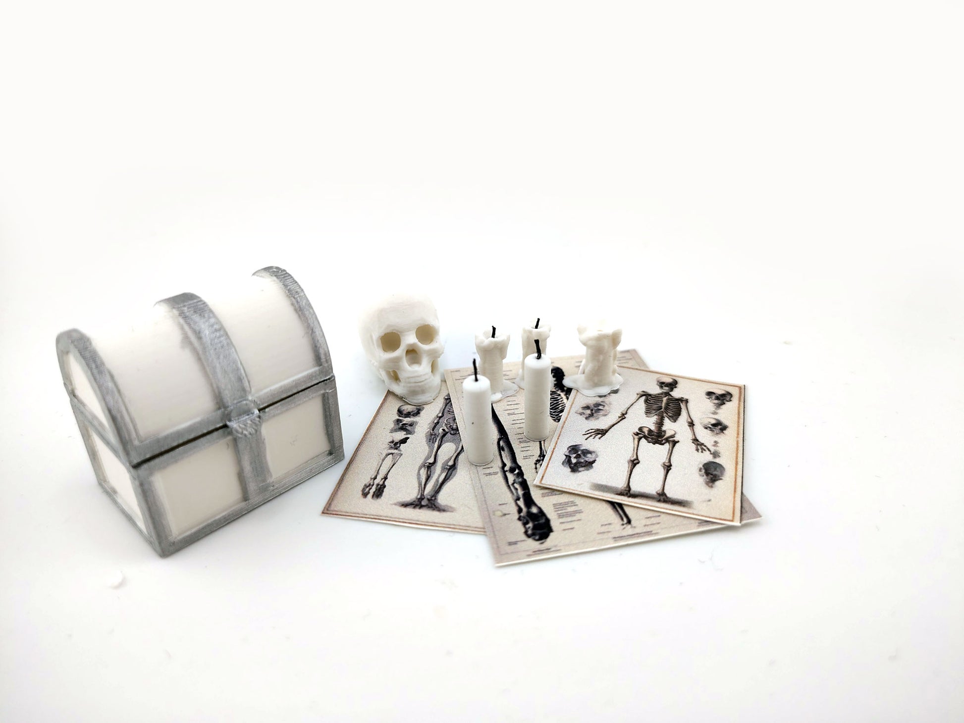 1:12 skeleton, treasure box and candle set STL — miniature wizard accessories for dollhouse fantasy scenes. Instant 3D print download
