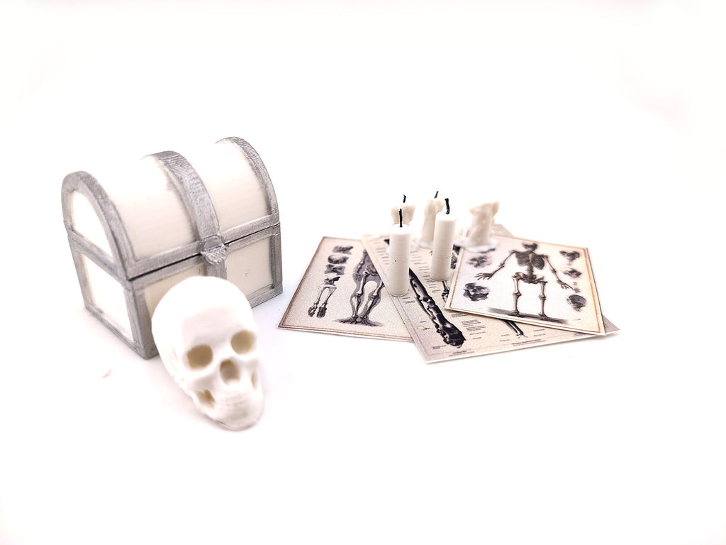 1:12 skeleton, treasure box and candle set STL — miniature wizard accessories for dollhouse fantasy scenes. Instant 3D print download