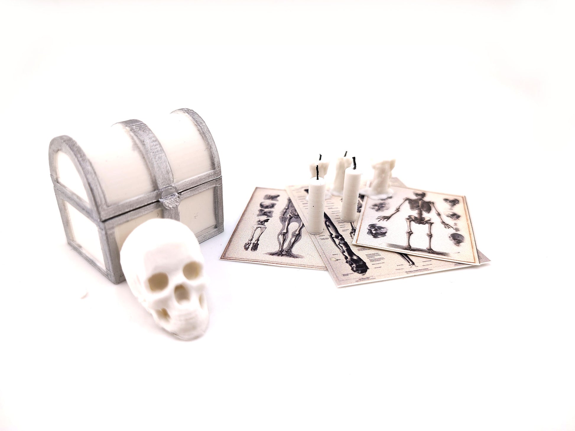 1:12 skeleton, treasure box and candle set STL — miniature wizard accessories for dollhouse fantasy scenes. Instant 3D print download