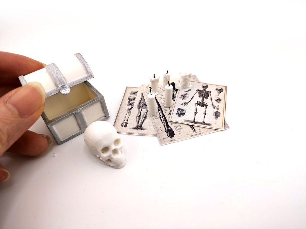 1:12 skeleton, treasure box and candle set STL — miniature wizard accessories for dollhouse fantasy scenes. Instant 3D print download