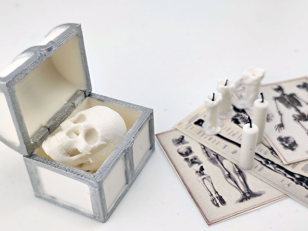 1:12 skeleton, treasure box and candle set STL — miniature wizard accessories for dollhouse fantasy scenes. Instant 3D print download
