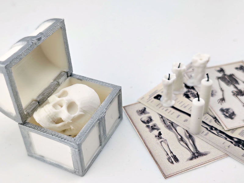 1:12 skeleton, treasure box and candle set STL — miniature wizard accessories for dollhouse fantasy scenes. Instant 3D print download