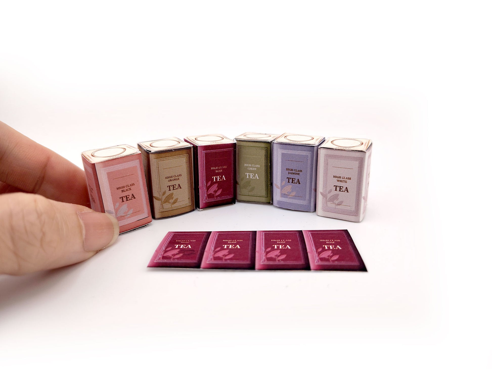 1:6 Tea Tin Can Set — Printable Dollhouse Tea Boxes & Tea Bags (DIY Miniature PDF, Instant Download)