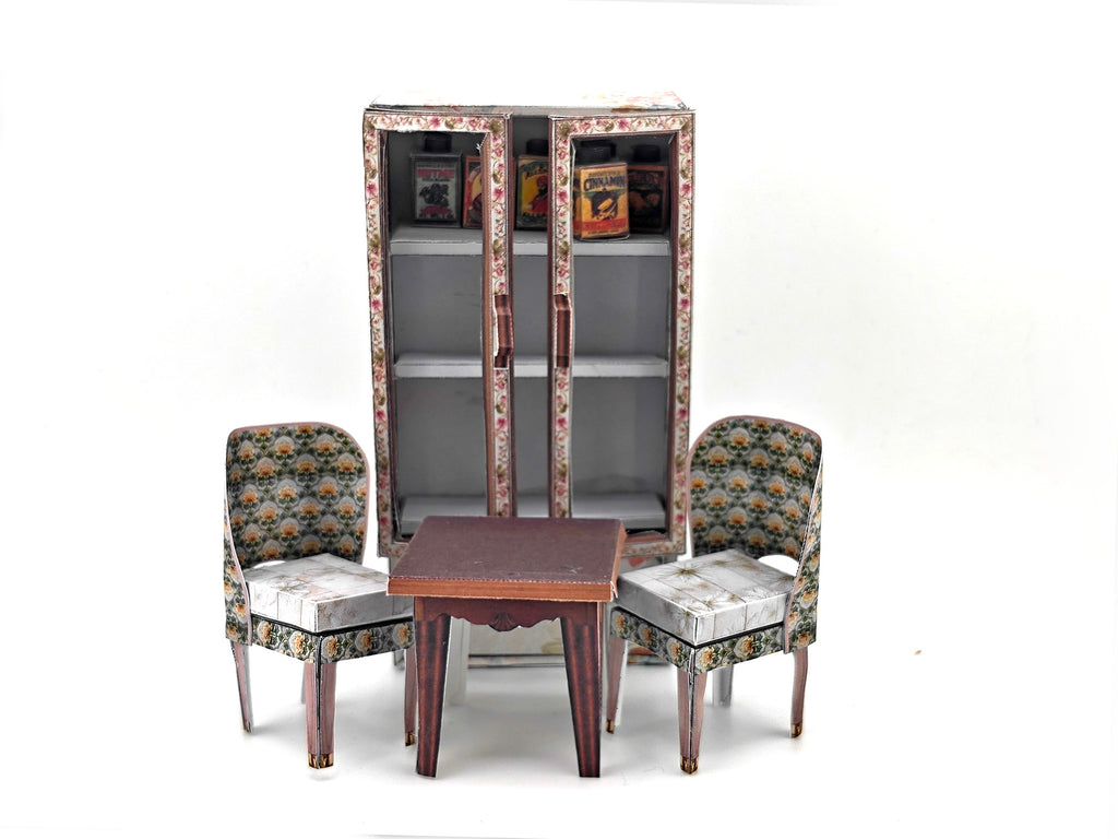 1:12 Vintage Paper chairs and end table — Green Pattern (Printable, No Wood)