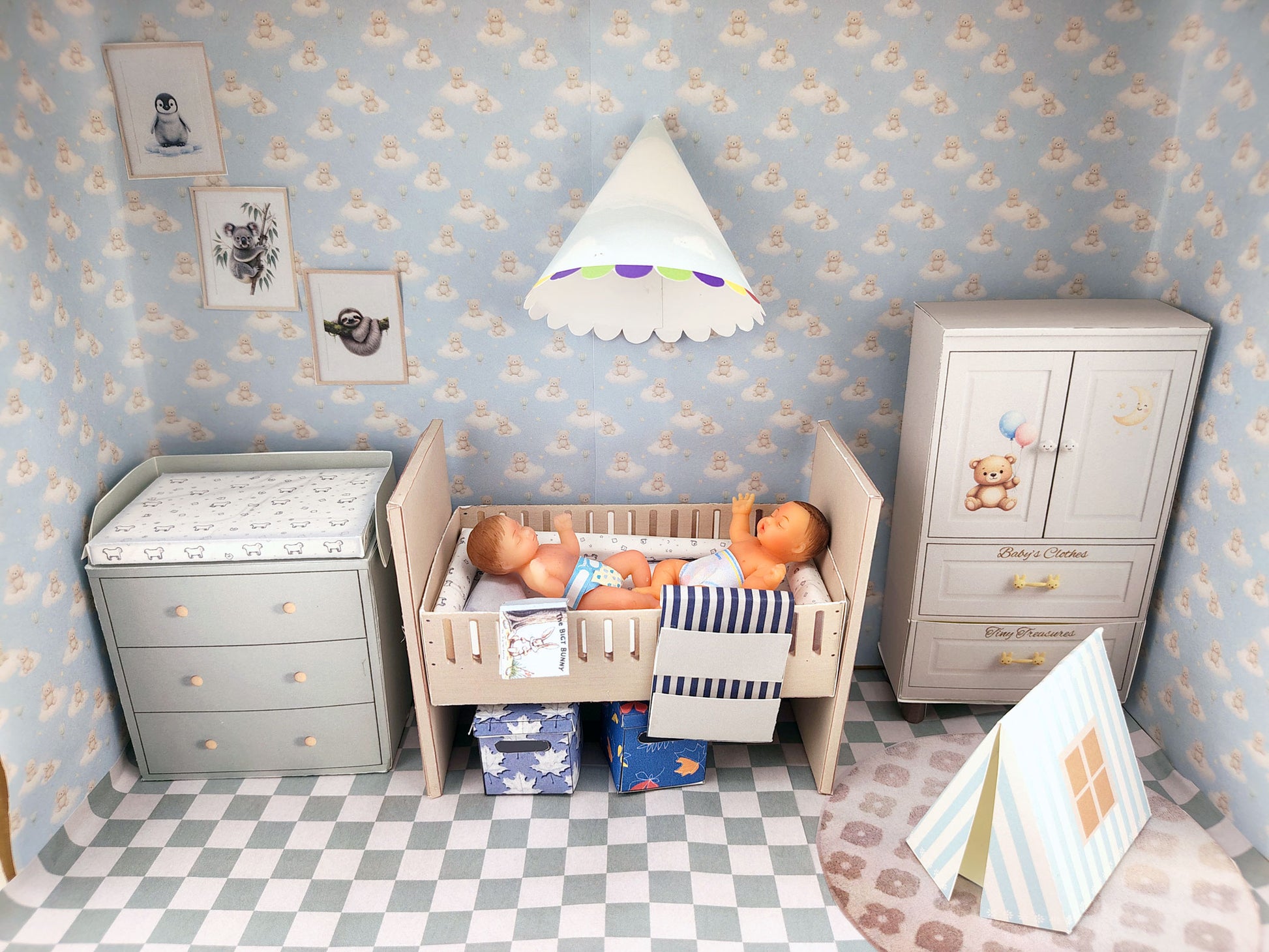 BMM Shoe Box , 1:12 , 4-5inch doll Living Room 10 in 1, Baby bed, diaper changing area, play tent, rub and closet, Dollhouse furniture, DIY, diorama