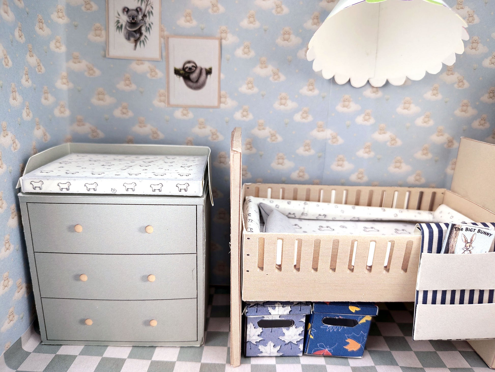 BMM Shoe Box , 1:12 , 4-5inch doll Living Room 10 in 1, Baby bed, diaper changing area, play tent, rub and closet, Dollhouse furniture, DIY, diorama