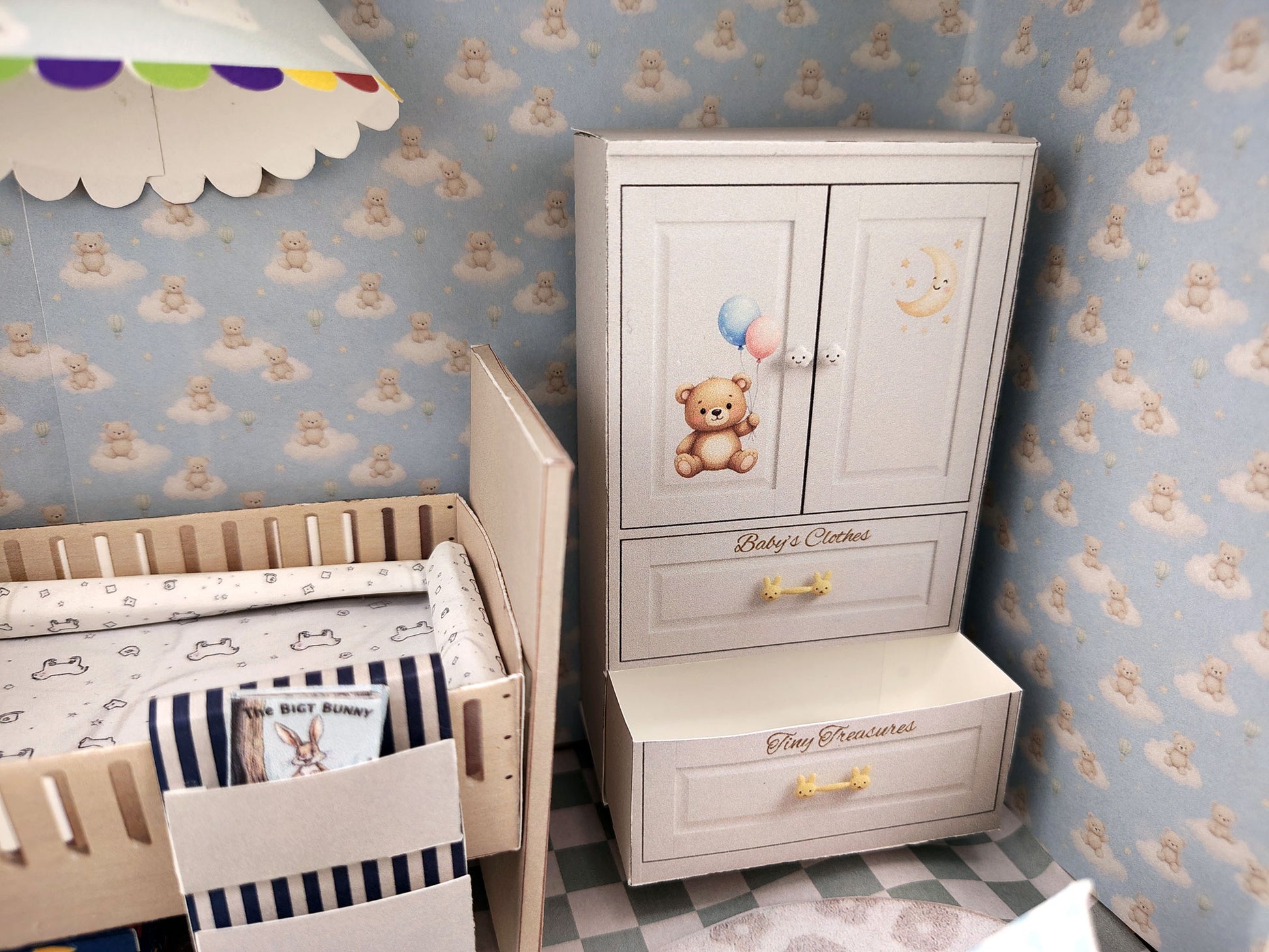 BMM Shoe Box , 1:12 , 4-5inch doll Living Room 10 in 1, Baby bed, diaper changing area, play tent, rub and closet, Dollhouse furniture, DIY, diorama