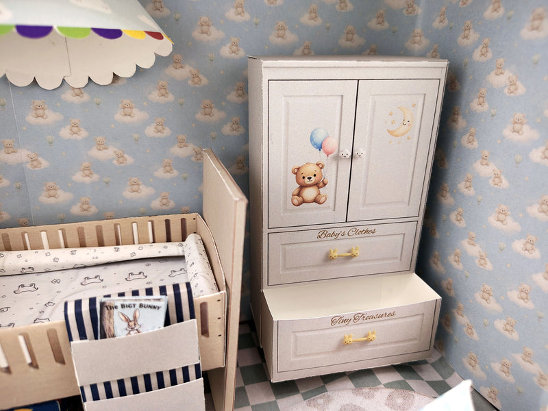 BMM Shoe Box , 1:12 , 4-5inch doll Living Room 10 in 1, Baby bed, diaper changing area, play tent, rub and closet, Dollhouse furniture, DIY, diorama