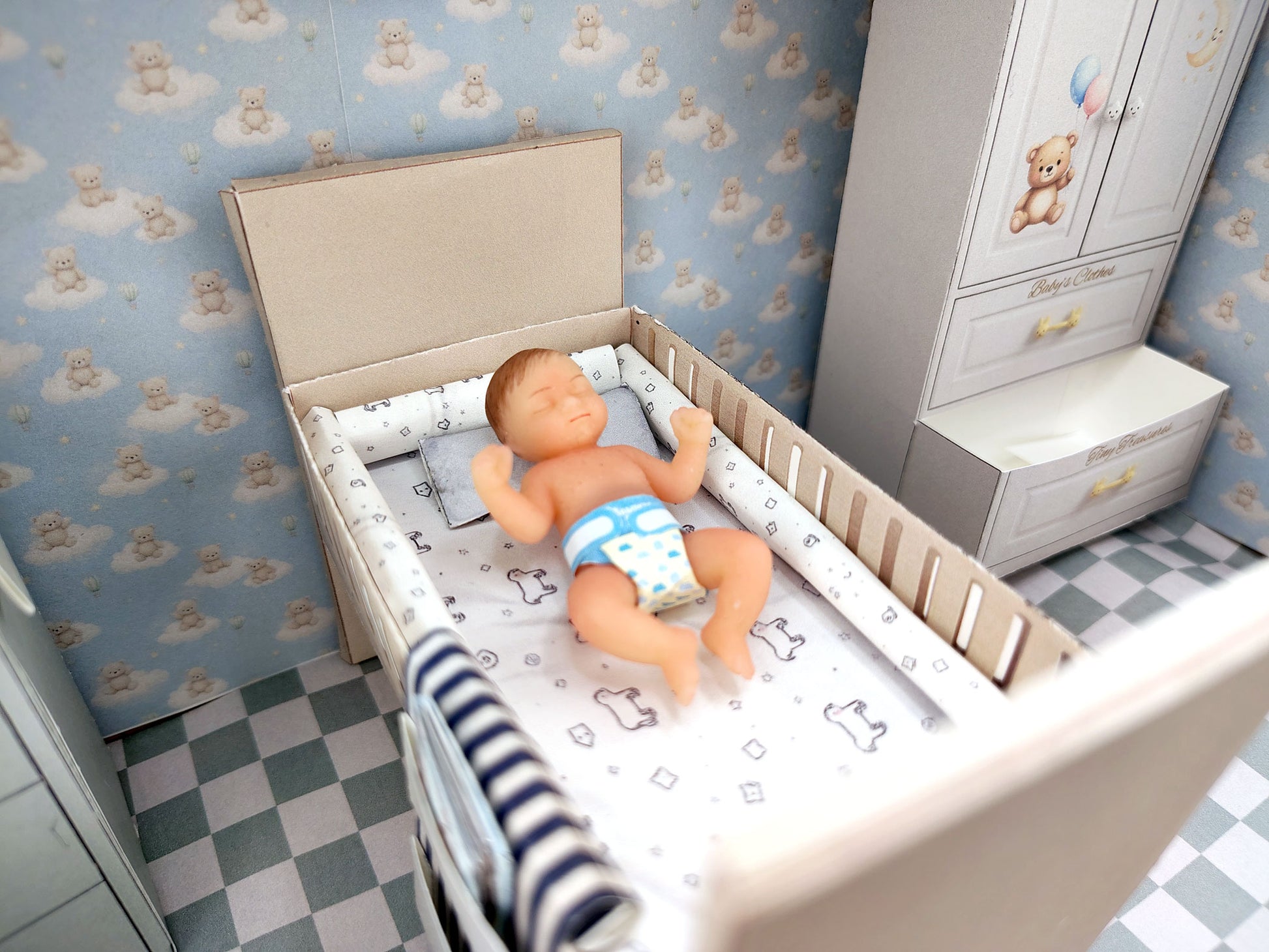 BMM Shoe Box , 1:12 , 4-5inch doll Living Room 10 in 1, Baby bed, diaper changing area, play tent, rub and closet, Dollhouse furniture, DIY, diorama