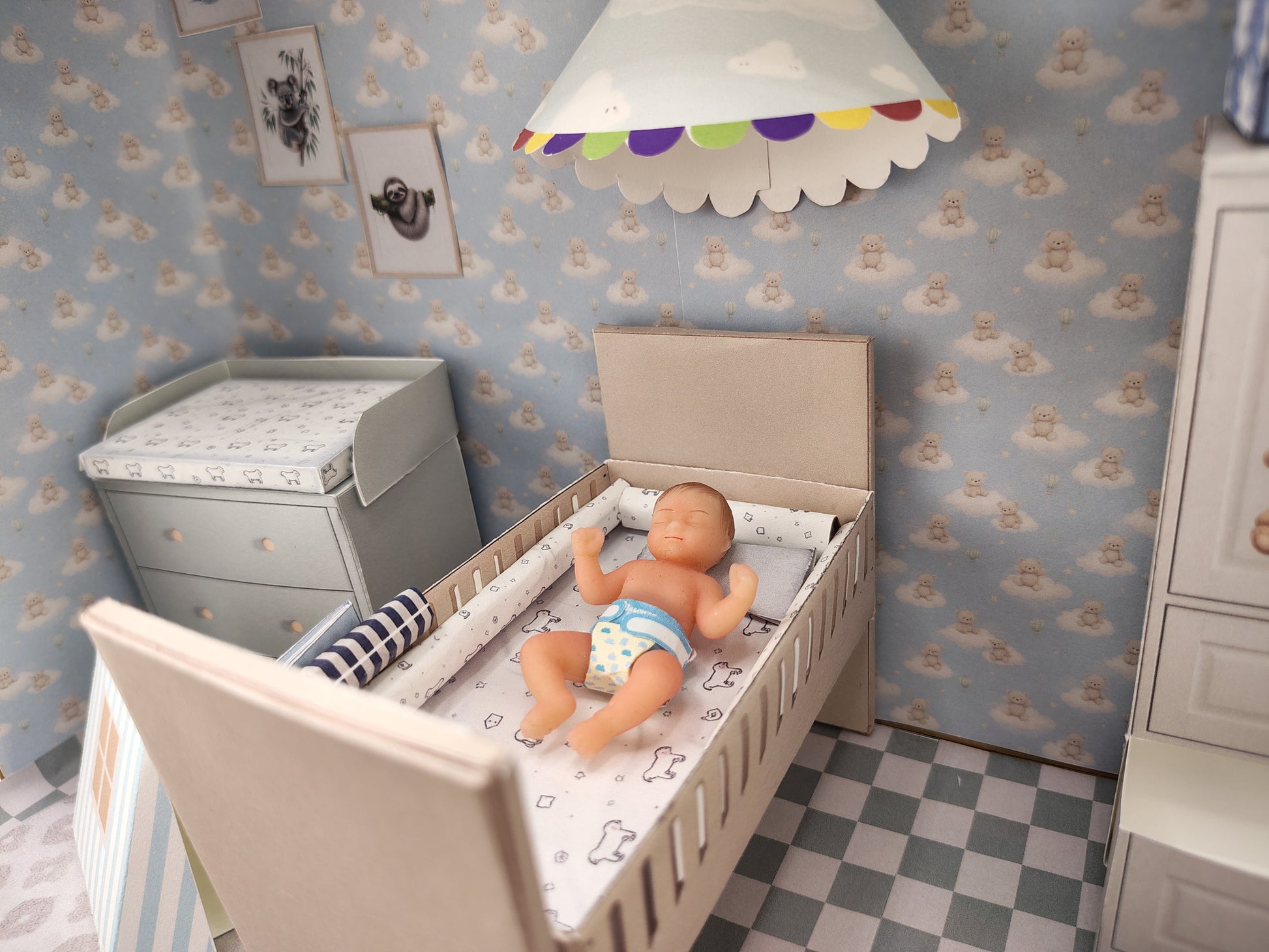 BMM Shoe Box , 1:12 , 4-5inch doll Living Room 10 in 1, Baby bed, diaper changing area, play tent, rub and closet, Dollhouse furniture, DIY, diorama