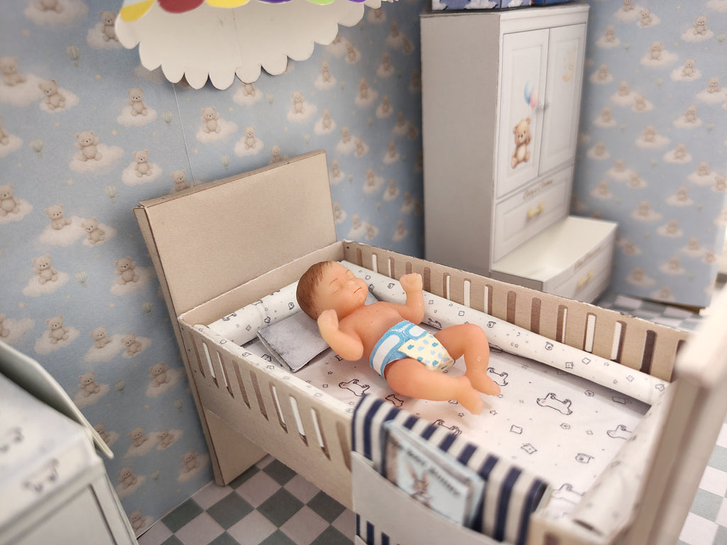 BMM Shoe Box , 1:12 , 4-5inch doll Living Room 10 in 1, Baby bed, diaper changing area, play tent, rub and closet, Dollhouse furniture, DIY, diorama