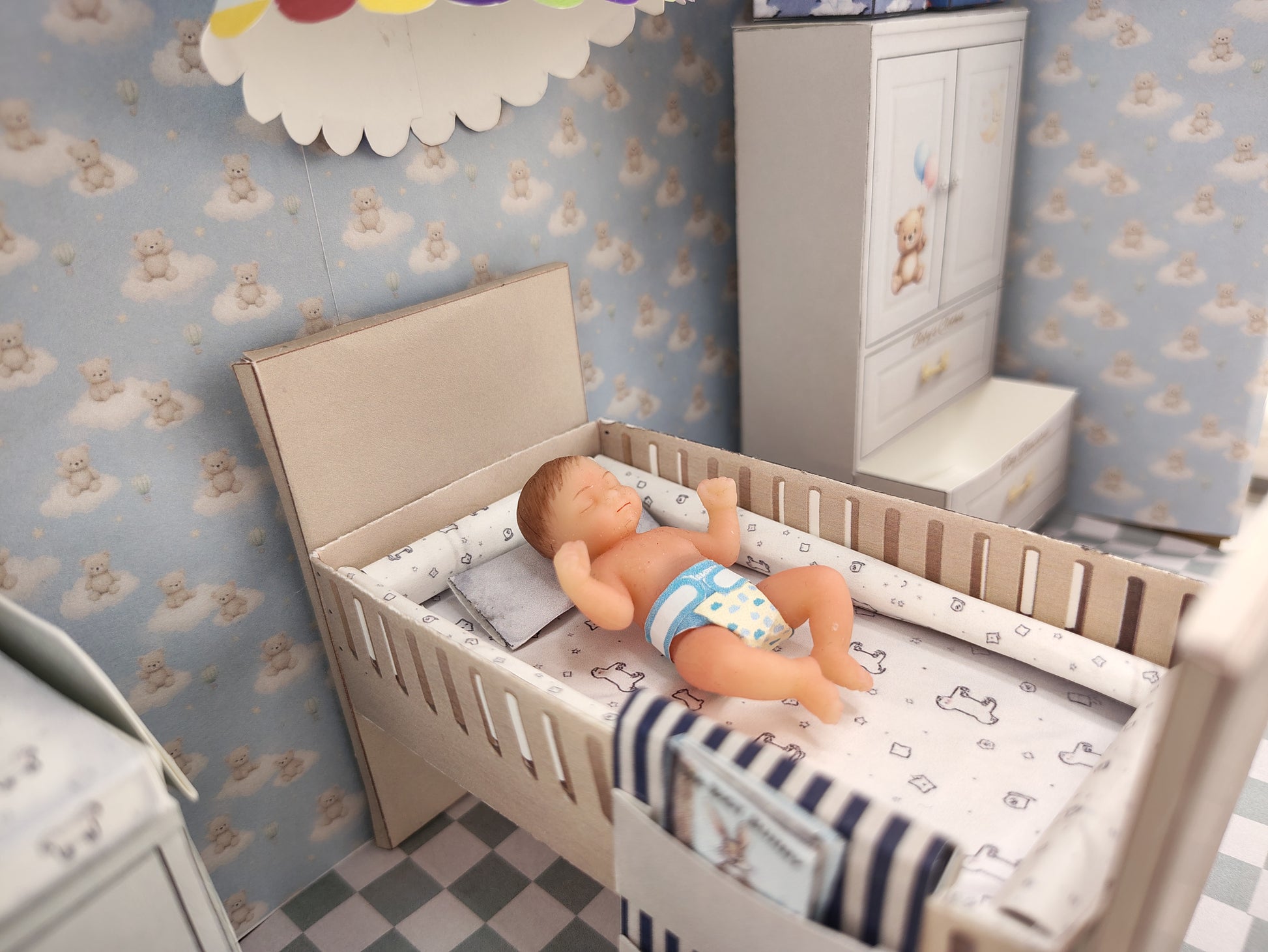 BMM Shoe Box , 1:12 , 4-5inch doll Living Room 10 in 1, Baby bed, diaper changing area, play tent, rub and closet, Dollhouse furniture, DIY, diorama