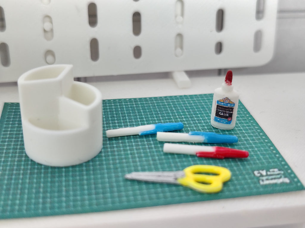 1:12 Scale Craft Desk Set – Miniature Organizer, Glue, Scissors, Pens (Physical Product)