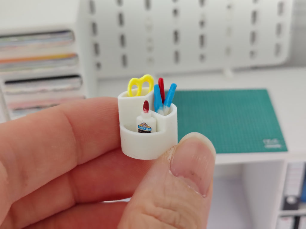 1:12 Scale Craft Desk Set – Miniature Organizer, Glue, Scissors, Pens (Physical Product)