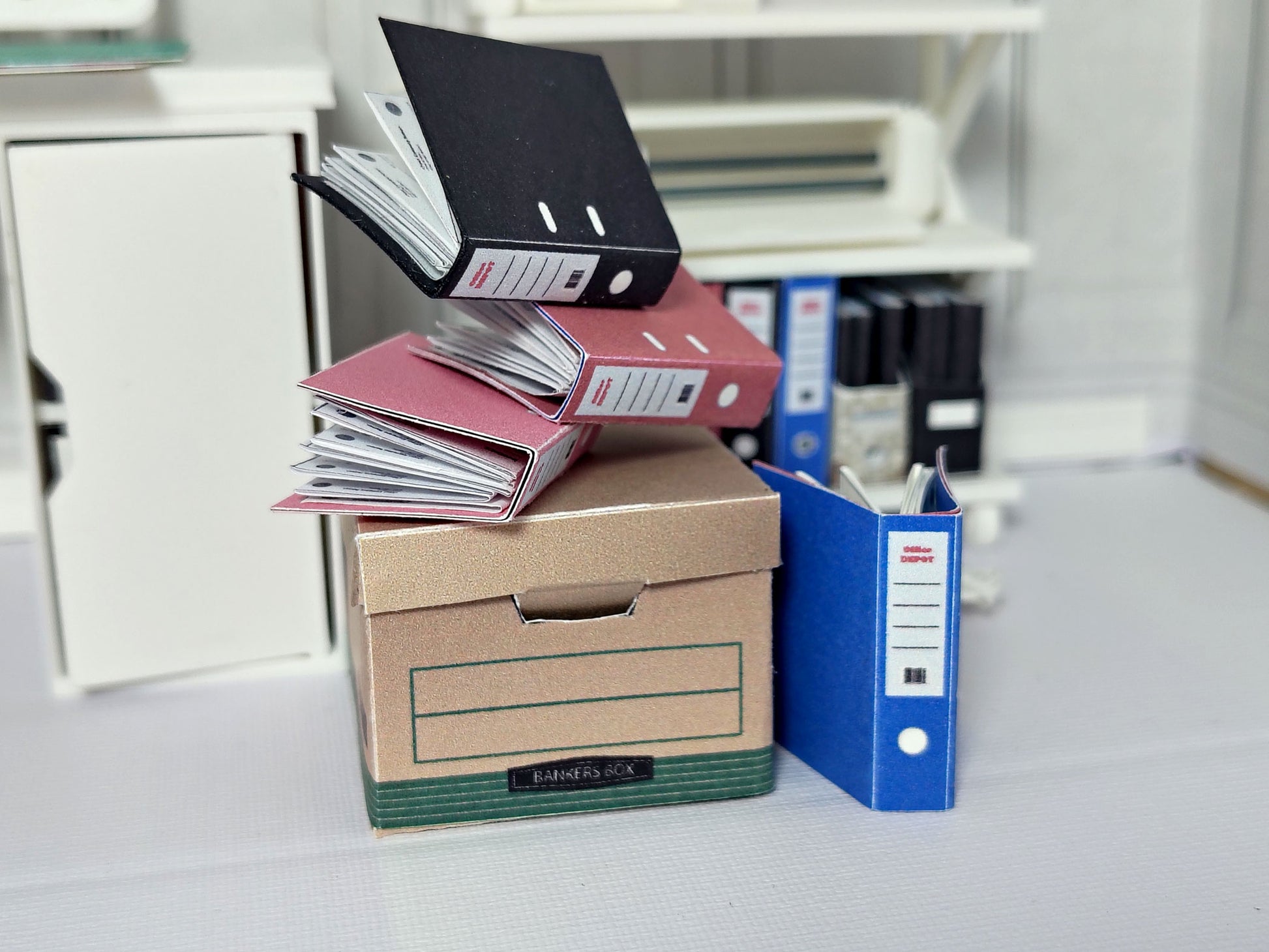 Printable 1:12 Miniature Banker Box & Binder Kit, DIY Dollhouse Office Folders, 4 Color Stationery Set, Digital Download PDF