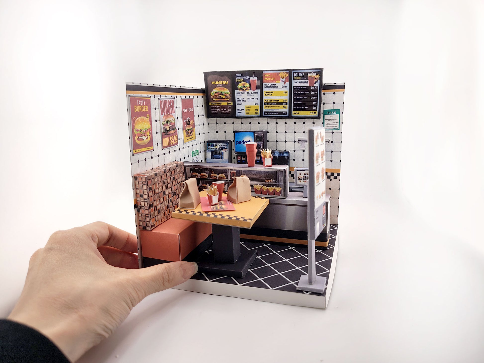 Printable 1:12 Fast Food Restaurant 6 pages  Bundle PDF, DIY Dollhouse Burger Shop Scenery, Miniature Diner Furniture & Menu, Digital Download