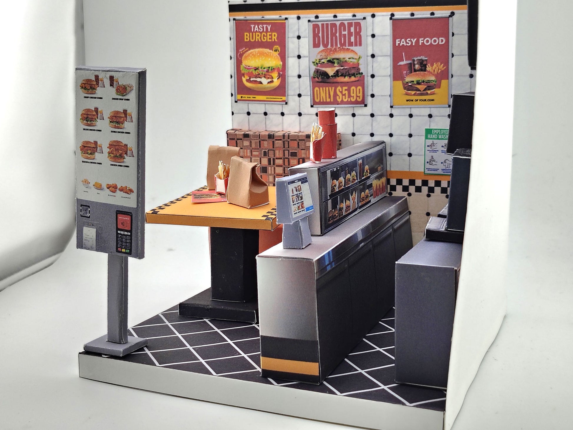 Printable 1:12 Fast Food Restaurant 6 pages  Bundle PDF, DIY Dollhouse Burger Shop Scenery, Miniature Diner Furniture & Menu, Digital Download