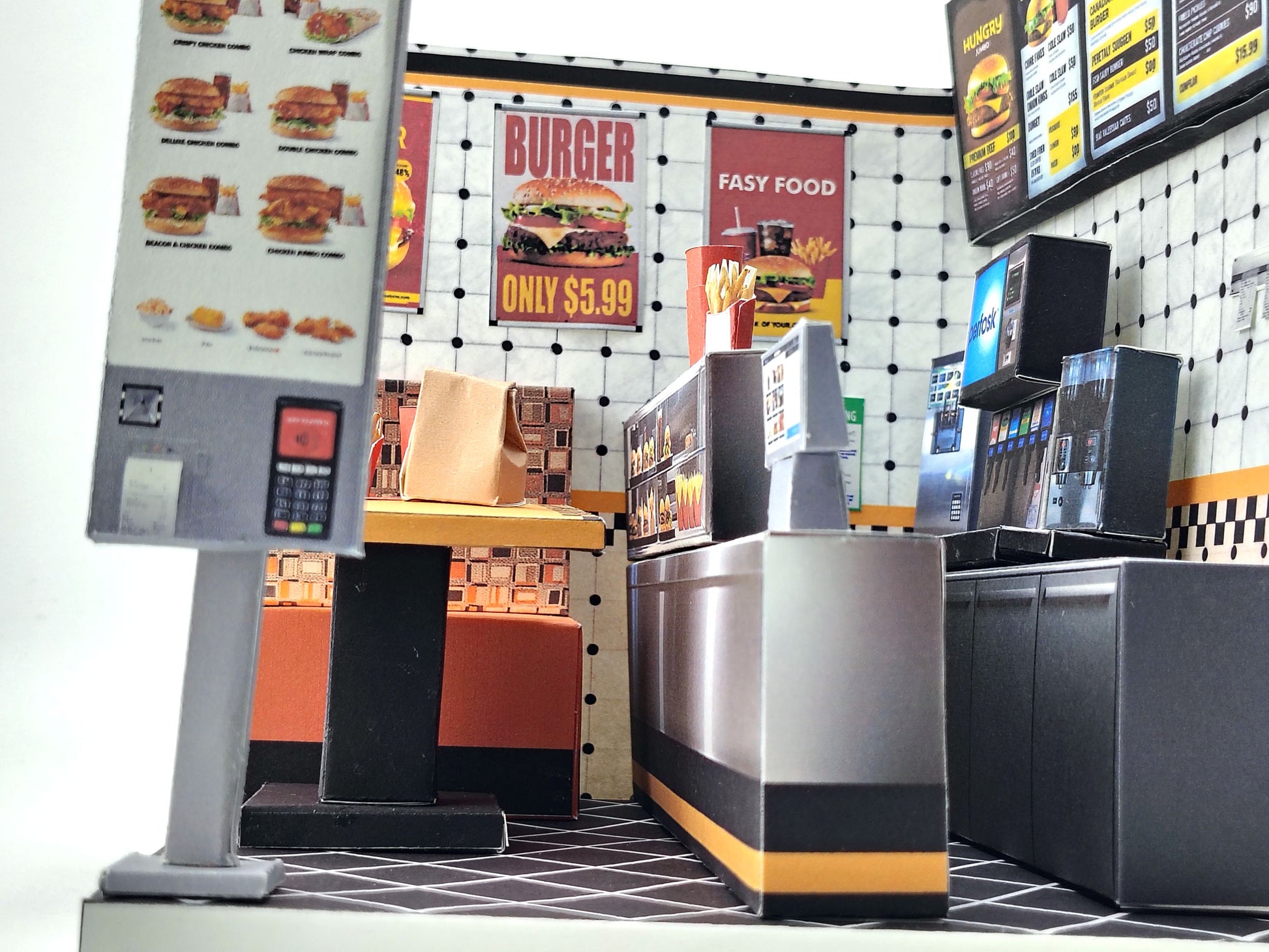 Printable 1:12 Fast Food Restaurant 6 pages  Bundle PDF, DIY Dollhouse Burger Shop Scenery, Miniature Diner Furniture & Menu, Digital Download