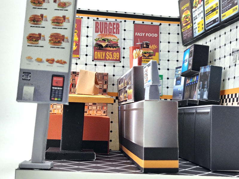 Printable 1:12 Fast Food Restaurant 6 pages  Bundle PDF, DIY Dollhouse Burger Shop Scenery, Miniature Diner Furniture & Menu, Digital Download