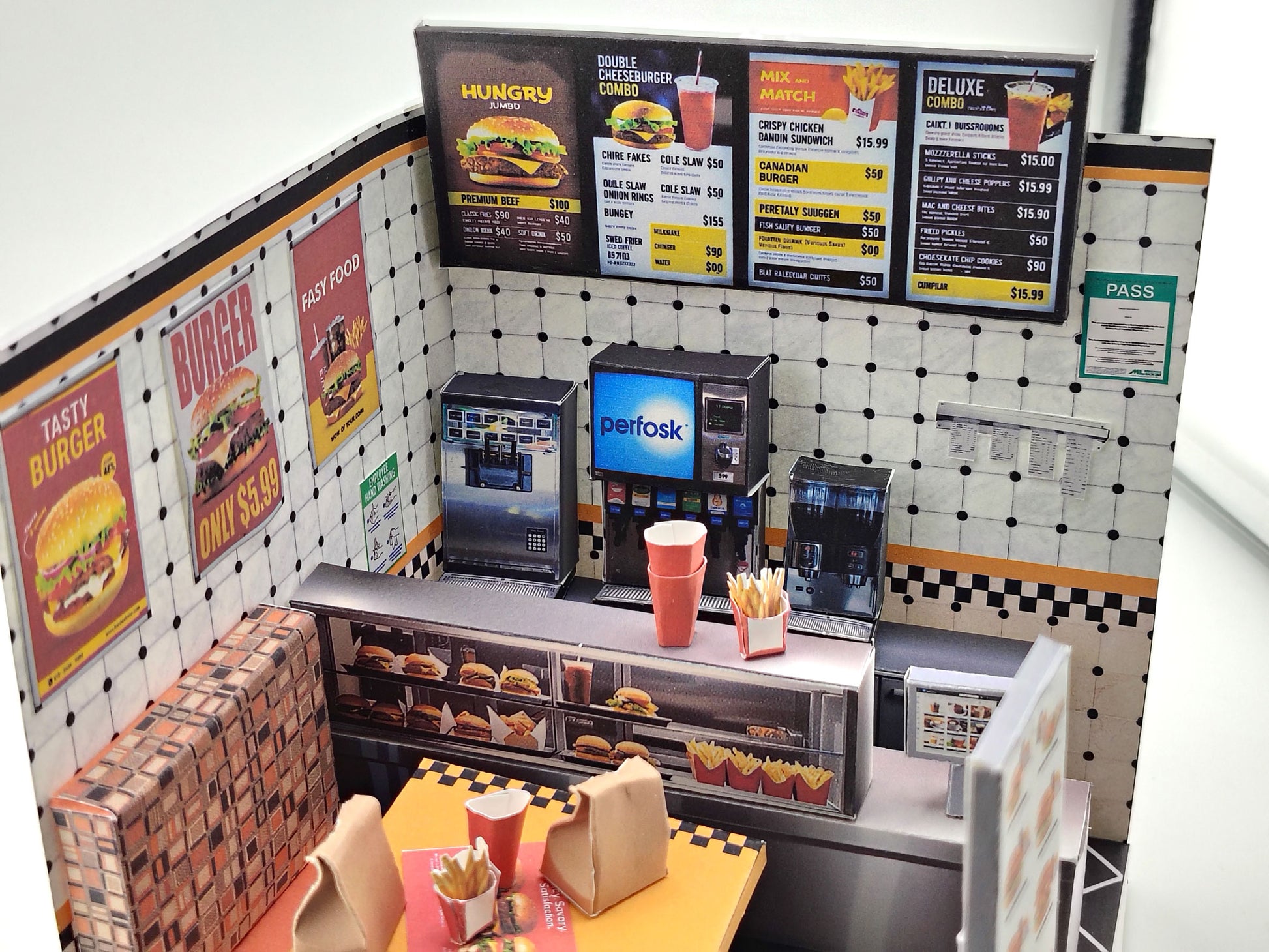 Printable 1:12 Fast Food Restaurant 6 pages  Bundle PDF, DIY Dollhouse Burger Shop Scenery, Miniature Diner Furniture & Menu, Digital Download